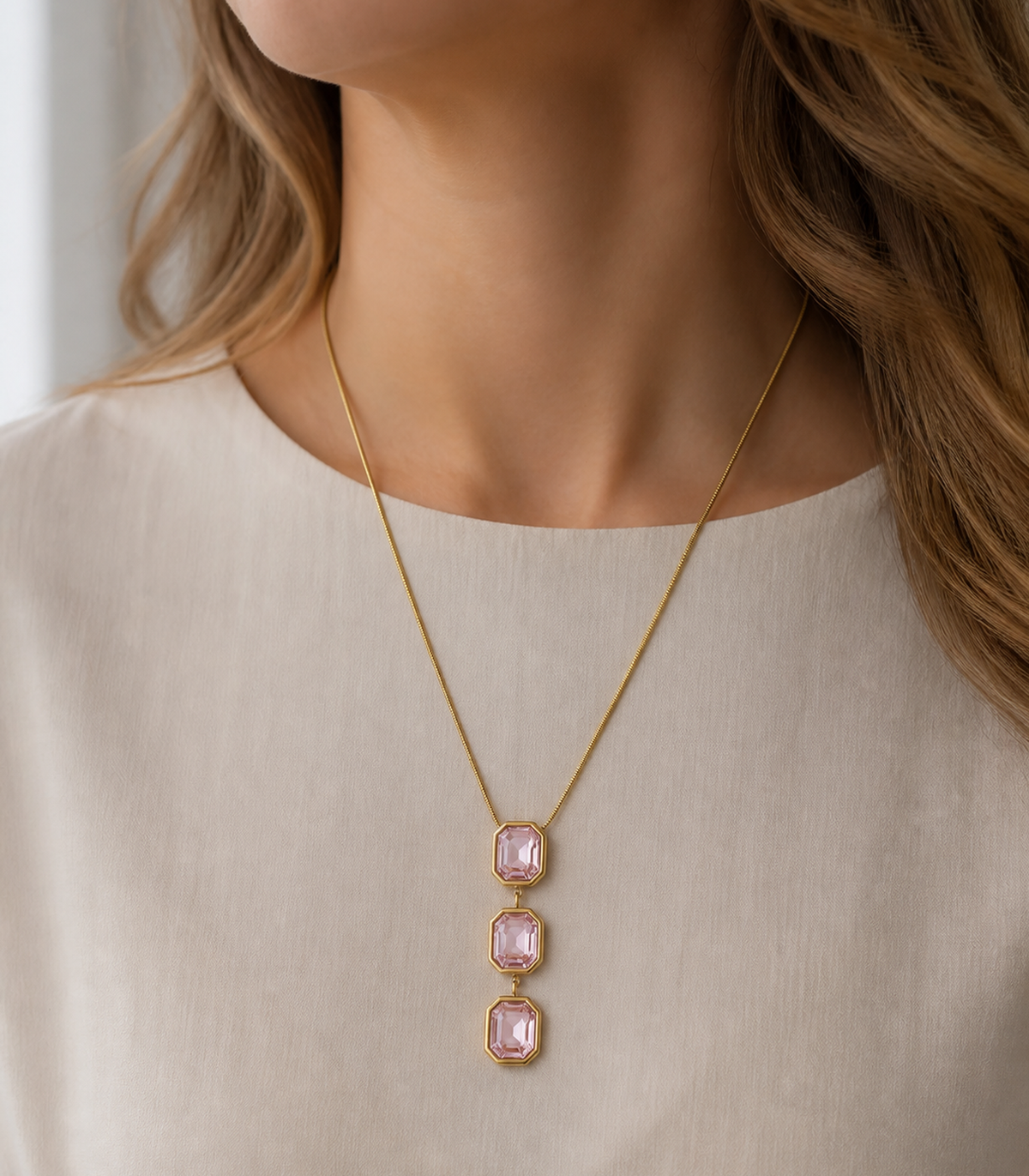 Pink Emerald Cut Y Necklace styled on a model