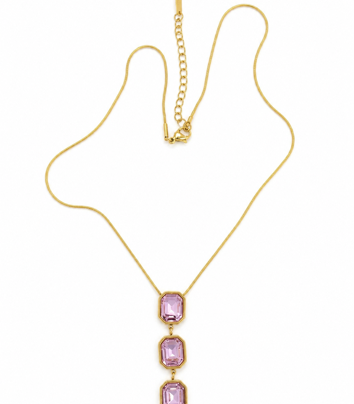 Pink Emerald Cut Y Necklace on a white background