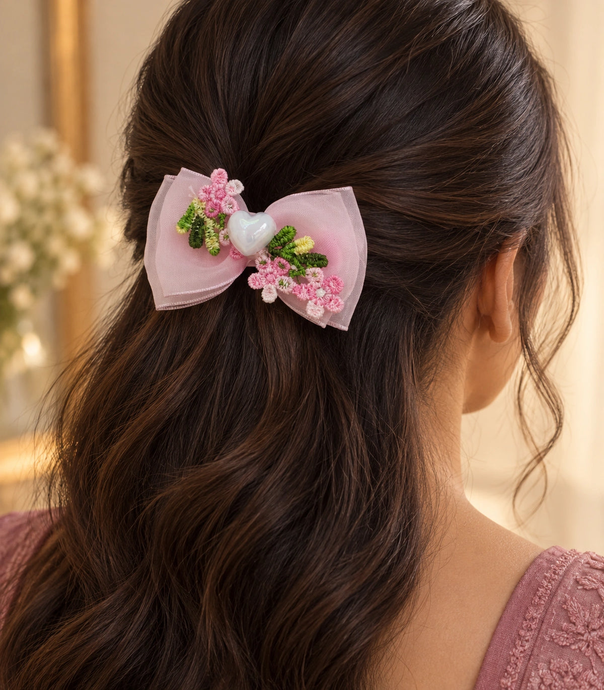 JIMIKI Pink Floral Pearl Heart Bow Hair Clip in Pink / Multicolor, editorial model view