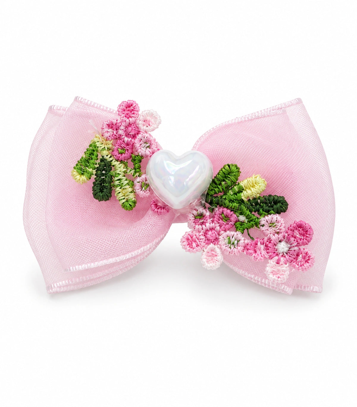 JIMIKI Pink Floral Pearl Heart Bow Hair Clip in Pink / Multicolor, white background product view