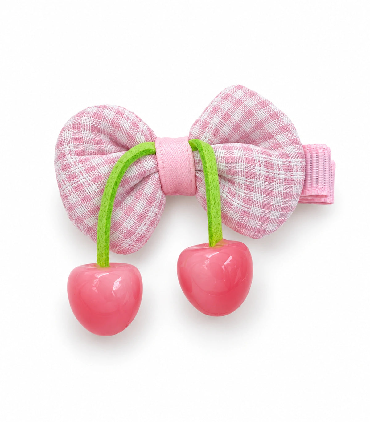 JIMIKI Pink Gingham Bow Hair Clip with Cherry Charms in Pink, white background product view