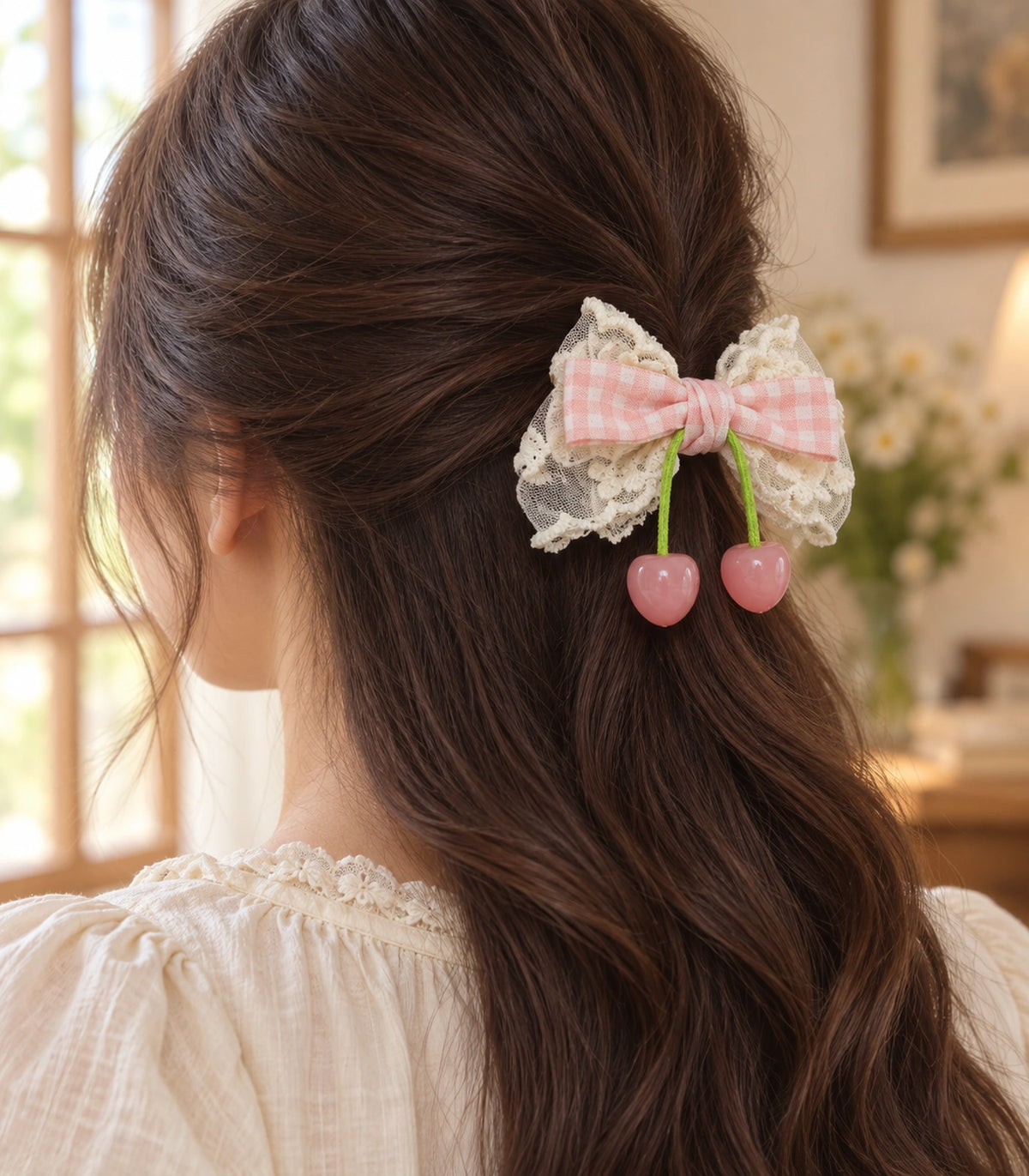 JIMIKI Pink Gingham Lace Bow Hair Clip with Cherry Charms in Pink, editorial model view
