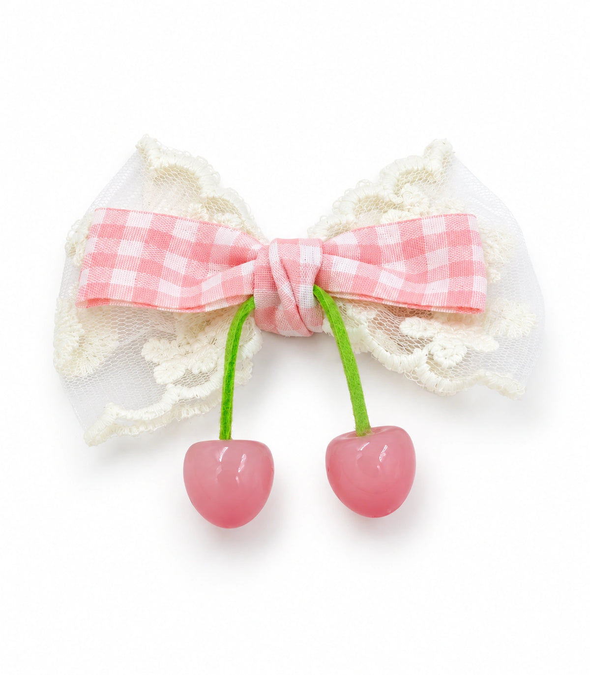 JIMIKI Pink Gingham Lace Bow Hair Clip with Cherry Charms in Pink, white background product view