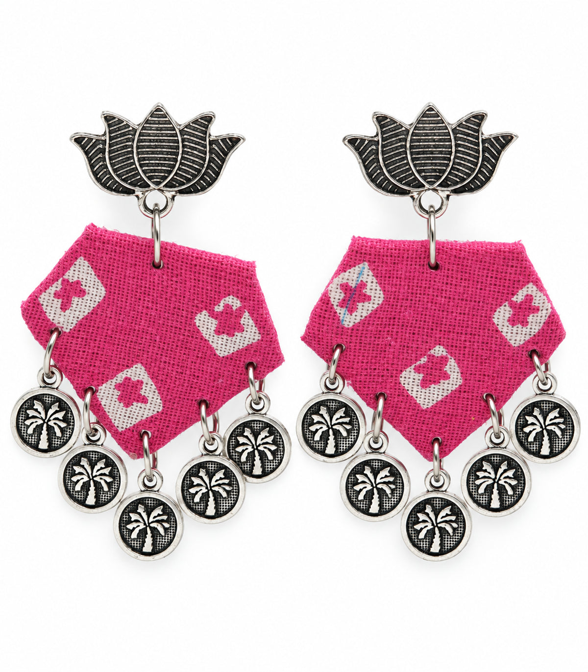 Pink and ivory lotus hexagon coin earrings, complete matching pair on white