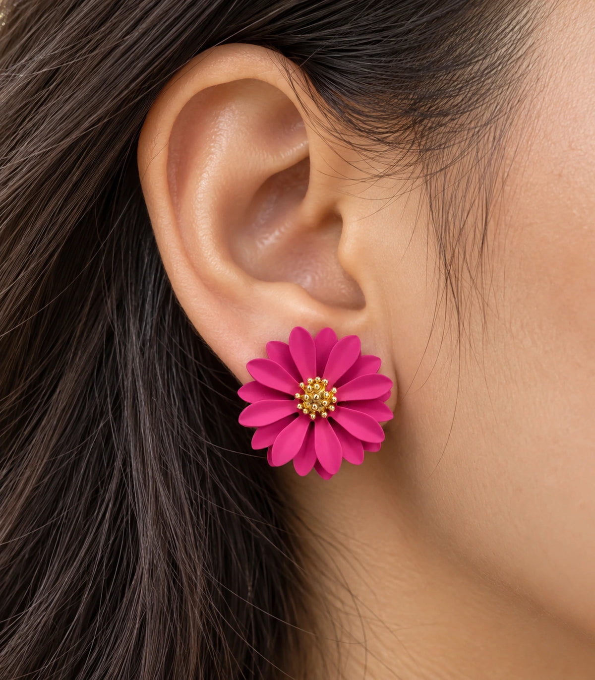 JIMIKI Pink layered starburst daisy stud earrings, close-up of layered petals and gold-tone centre #color_pink
