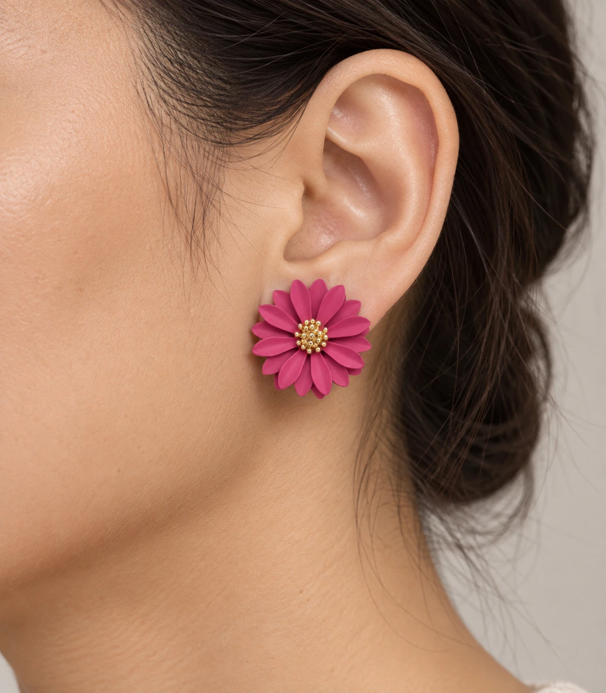 JIMIKI Pink layered starburst daisy stud earrings, layered daisy stud worn at the ear #color_pink