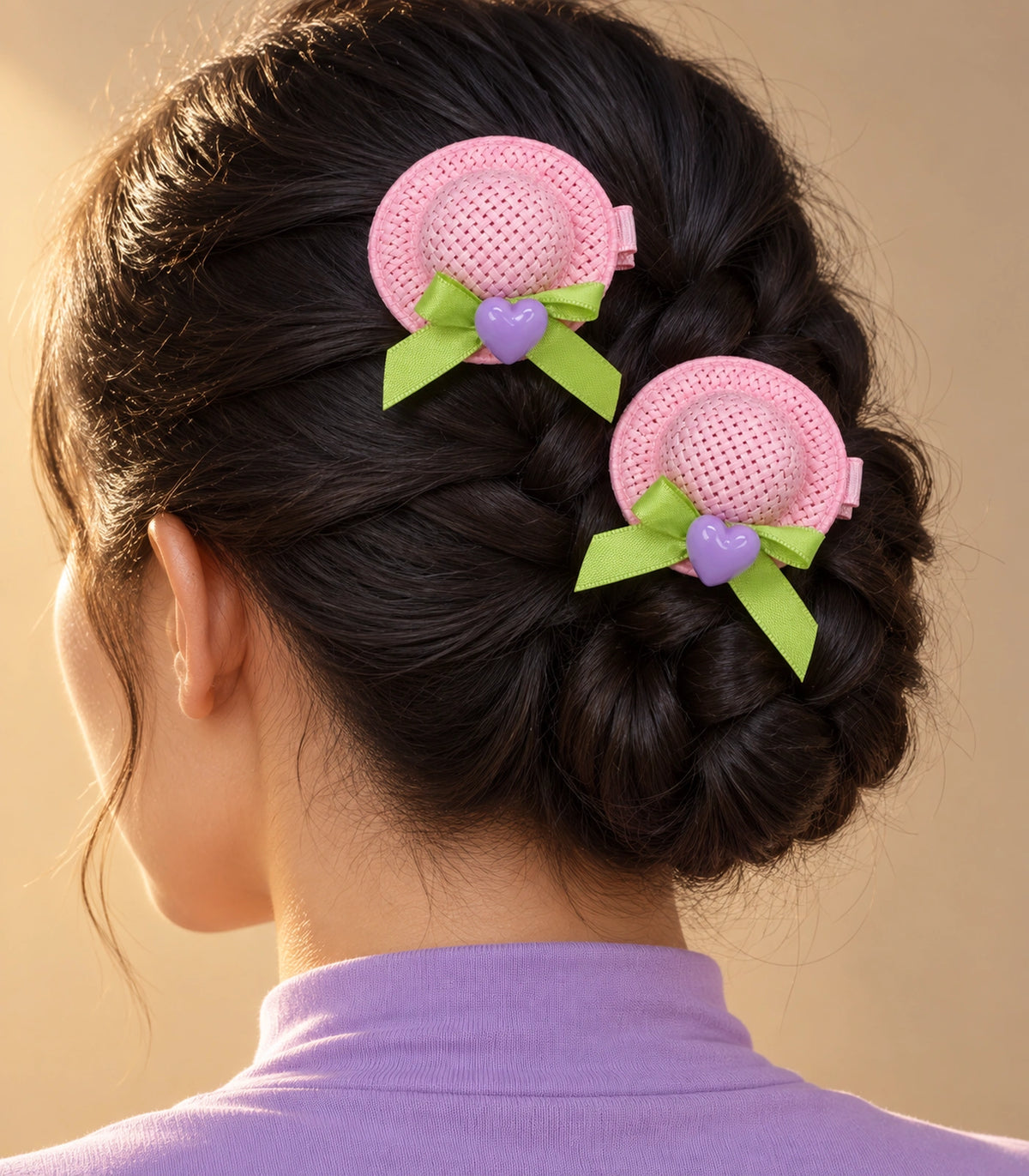JIMIKI Mini Hat Hair Clips With Hearts in Pink / Lavender, editorial model view #color_pink / lavender