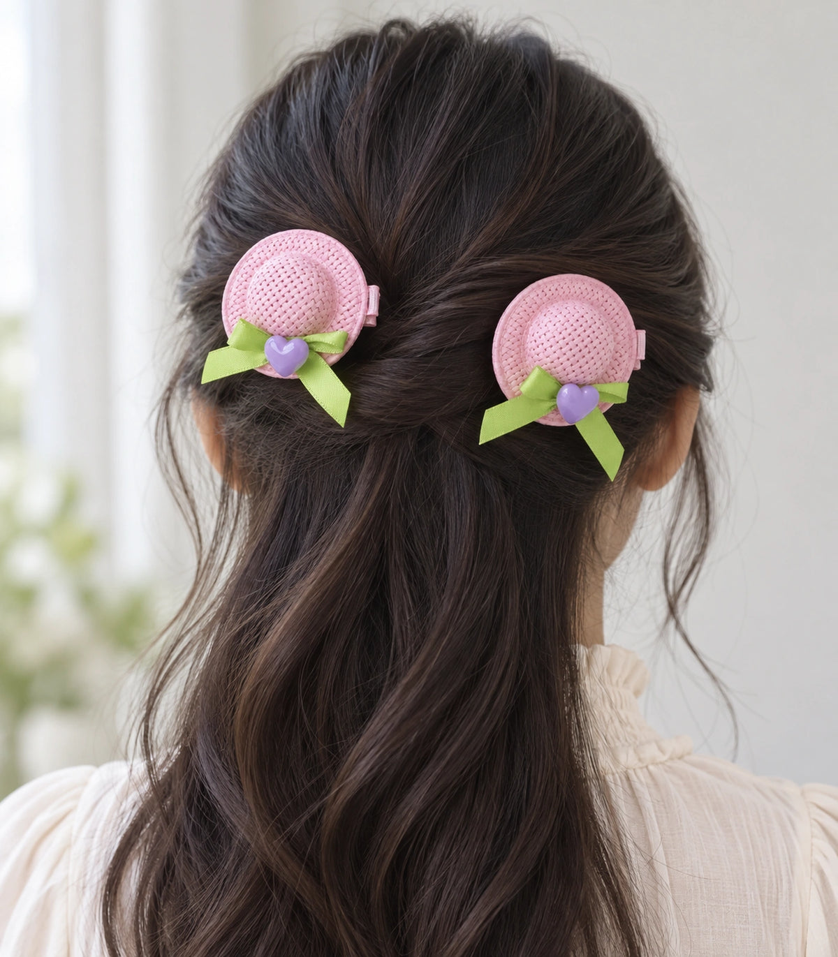 JIMIKI Mini Hat Hair Clips With Hearts in Pink / Lavender, model wearing view #color_pink / lavender
