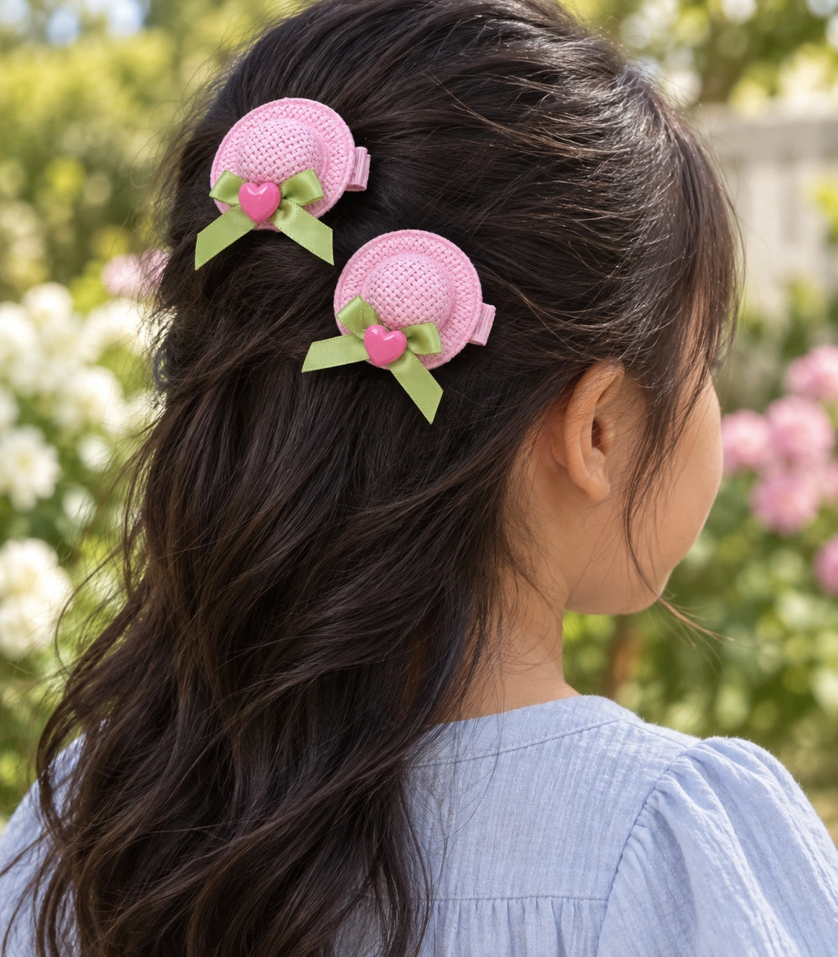 JIMIKI Mini Hat Hair Clips With Hearts in Pink, editorial model view #color_pink