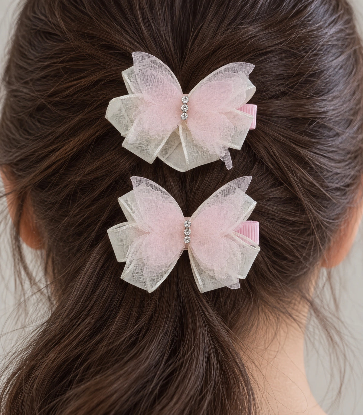 JIMIKI Organza Butterfly Bow Hair Clips in Pink, close-up detail #color_pink