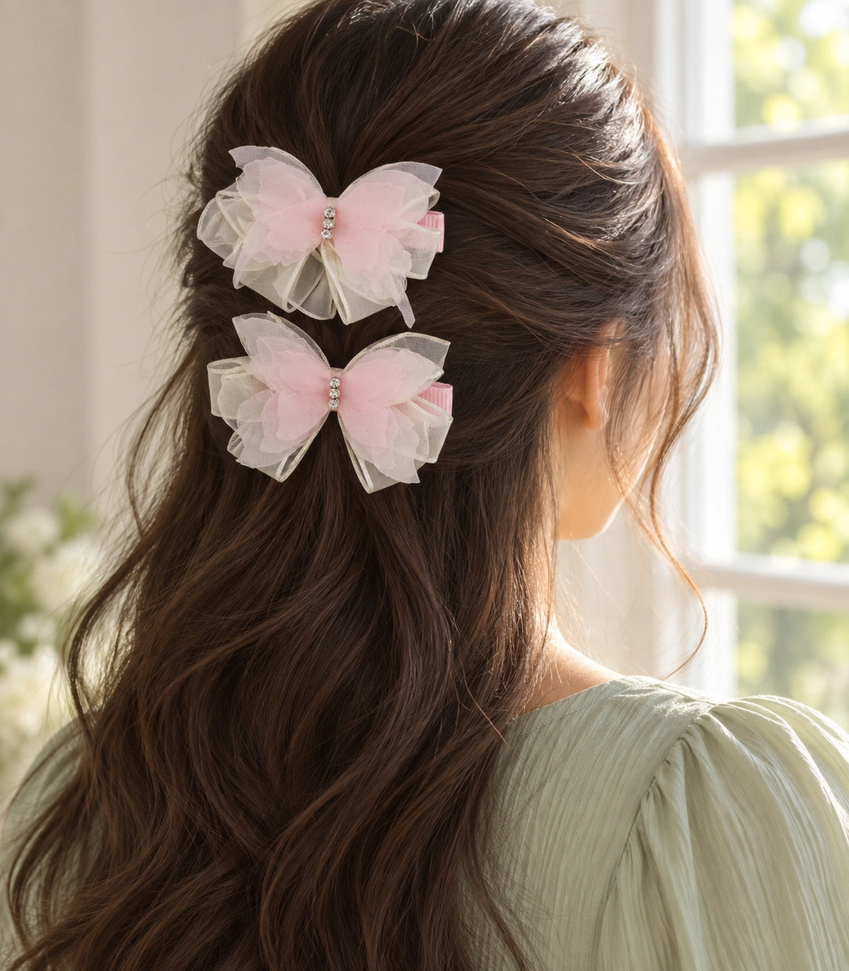 JIMIKI Organza Butterfly Bow Hair Clips in Pink, editorial model view #color_pink
