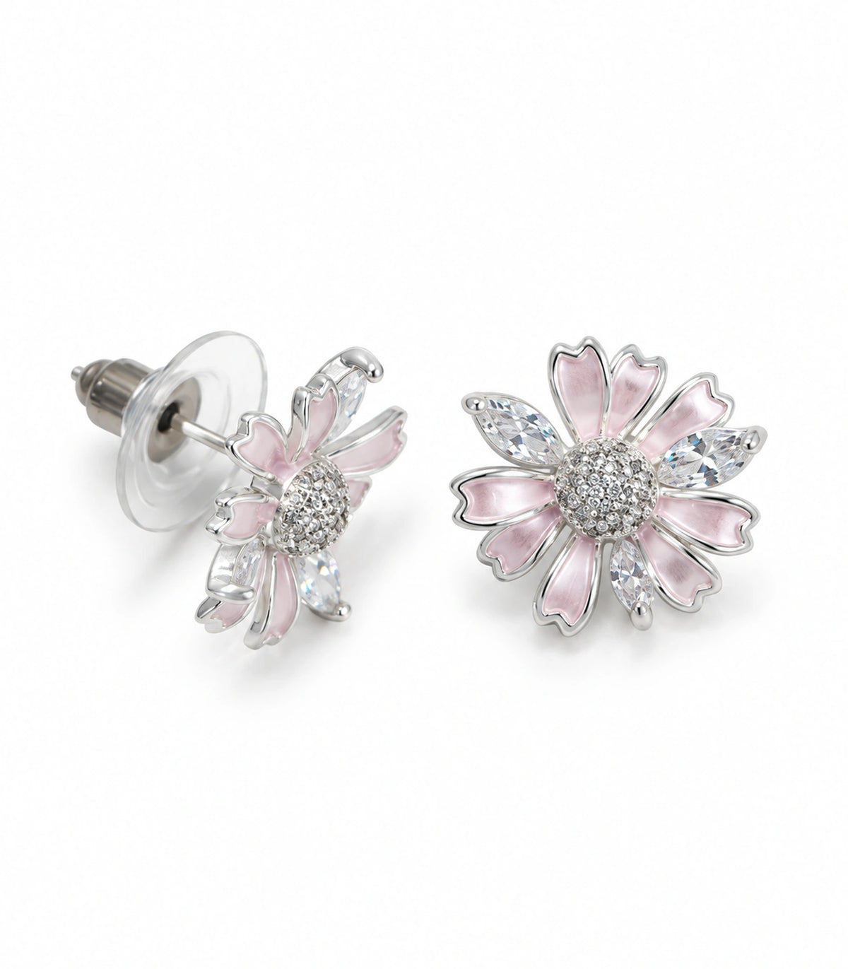 JIMIKI Petal Crystal Flower Stud Earring Pair in Pink / silver tone, white background product view #color_pink / silver tone