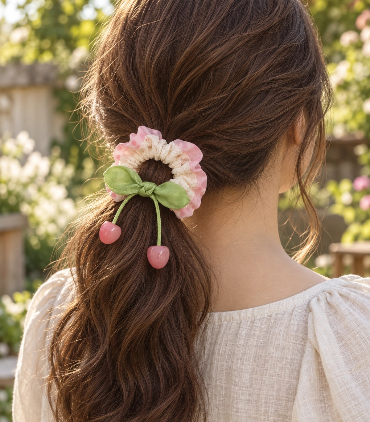 JIMIKI Polka Dot Lace Scrunchie With Cherry Charms in Pink, editorial model view #color_pink