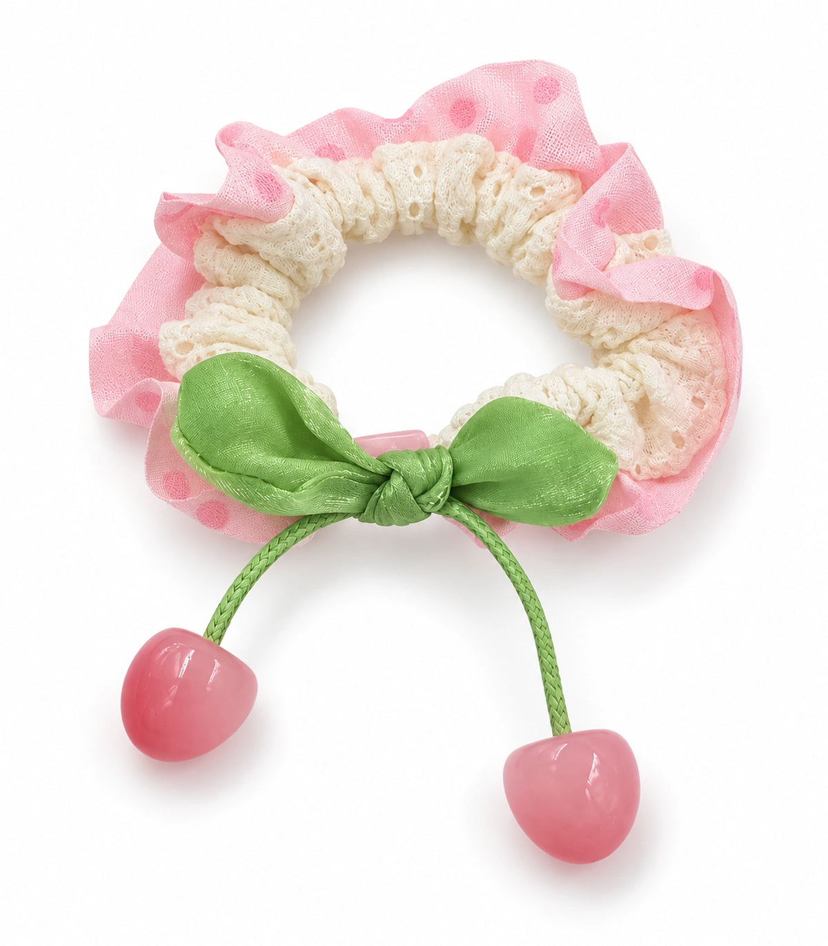JIMIKI Polka Dot Lace Scrunchie With Cherry Charms in Pink, white background product view #color_pink