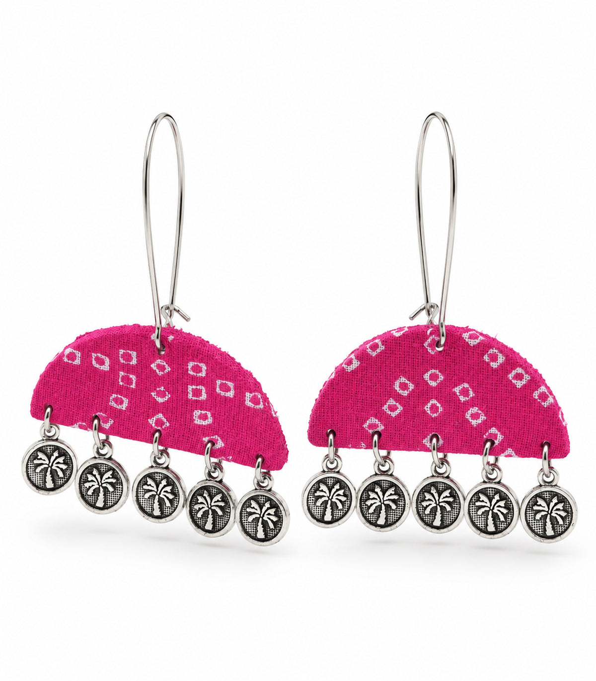 Pink semicircle fabric earrings, complete pair with white print and five tree coins per earring