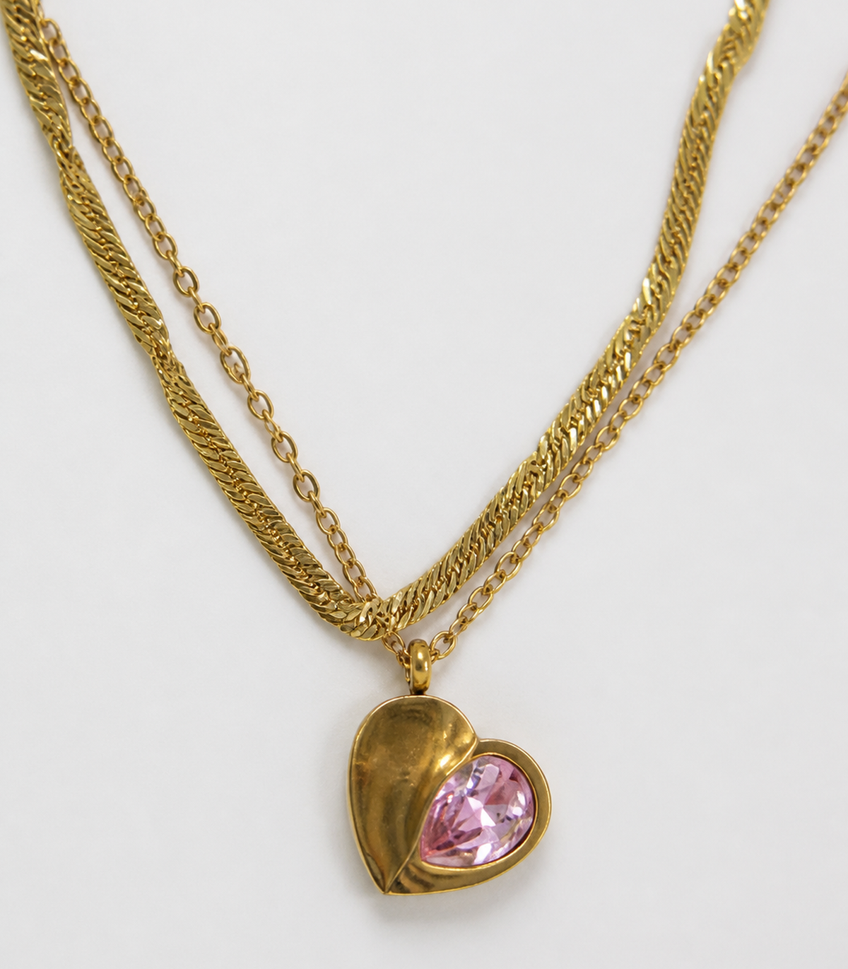 Close-up of Pink Stone Layered Heart Necklace