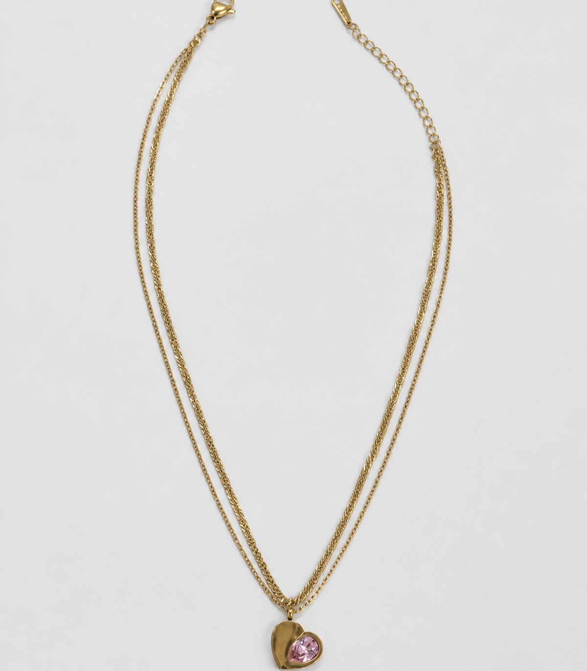 Pink Stone Layered Heart Necklace styled in a flat lay