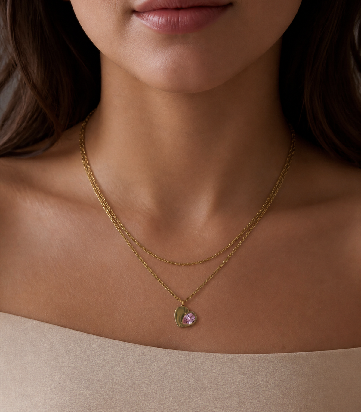 Pink Stone Layered Heart Necklace styled on a model