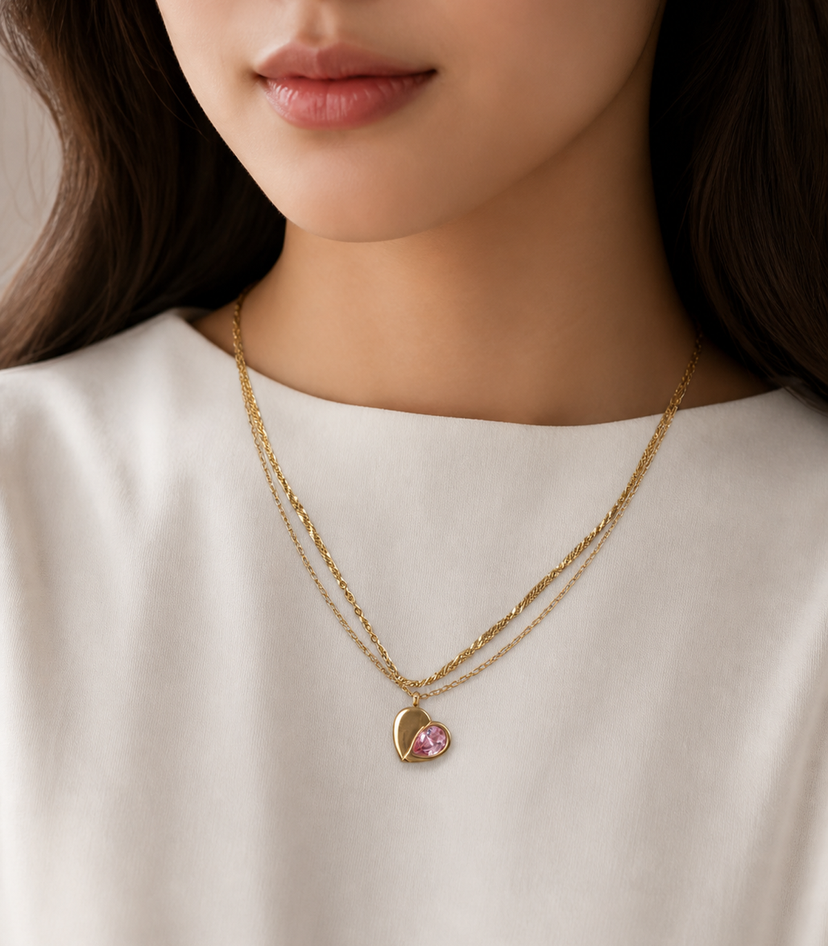 Pink Stone Layered Heart Necklace worn by a model