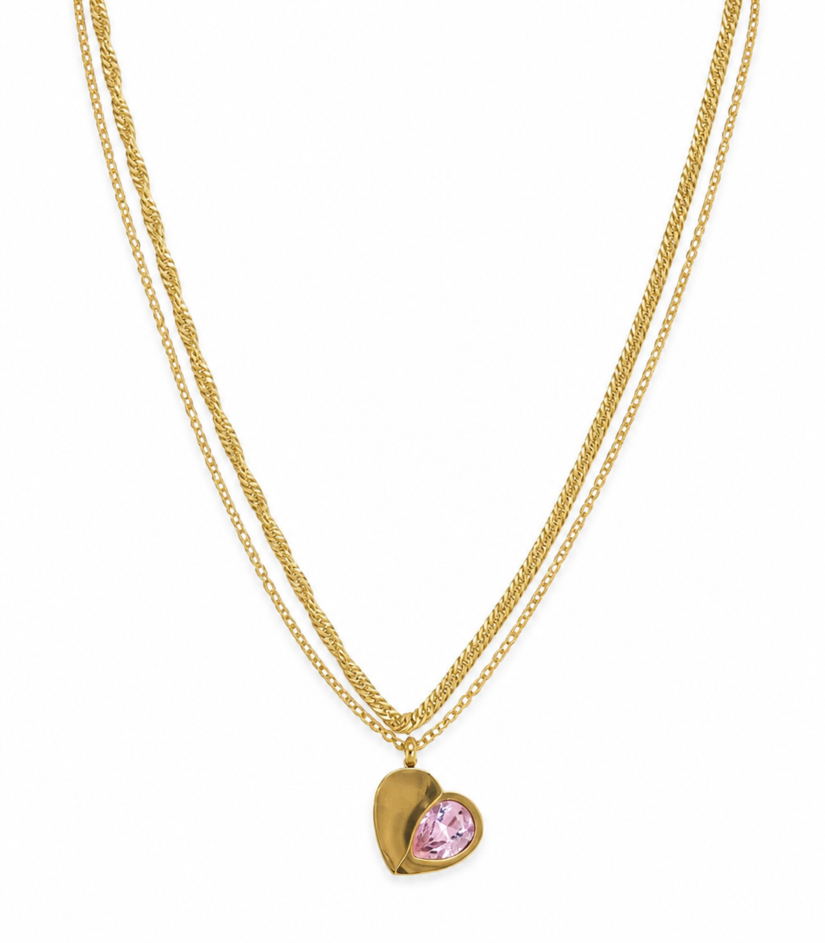 Pink Stone Layered Heart Necklace on a white background