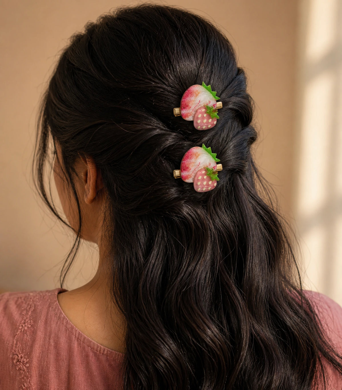 Editorial model view of the Pink Strawberry Duo Clip Pair