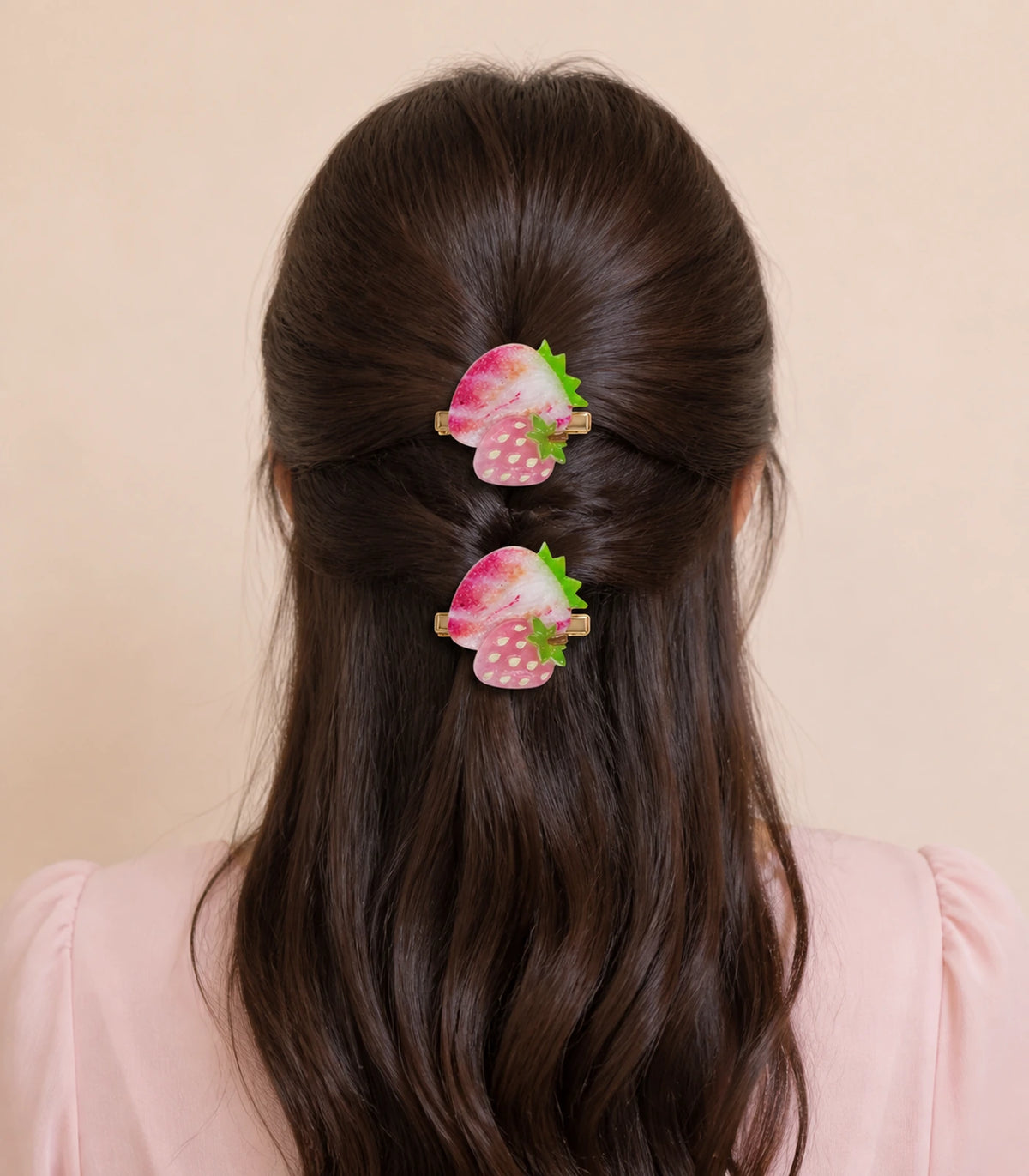 Model wearing the Pink Strawberry Duo Clip Pair