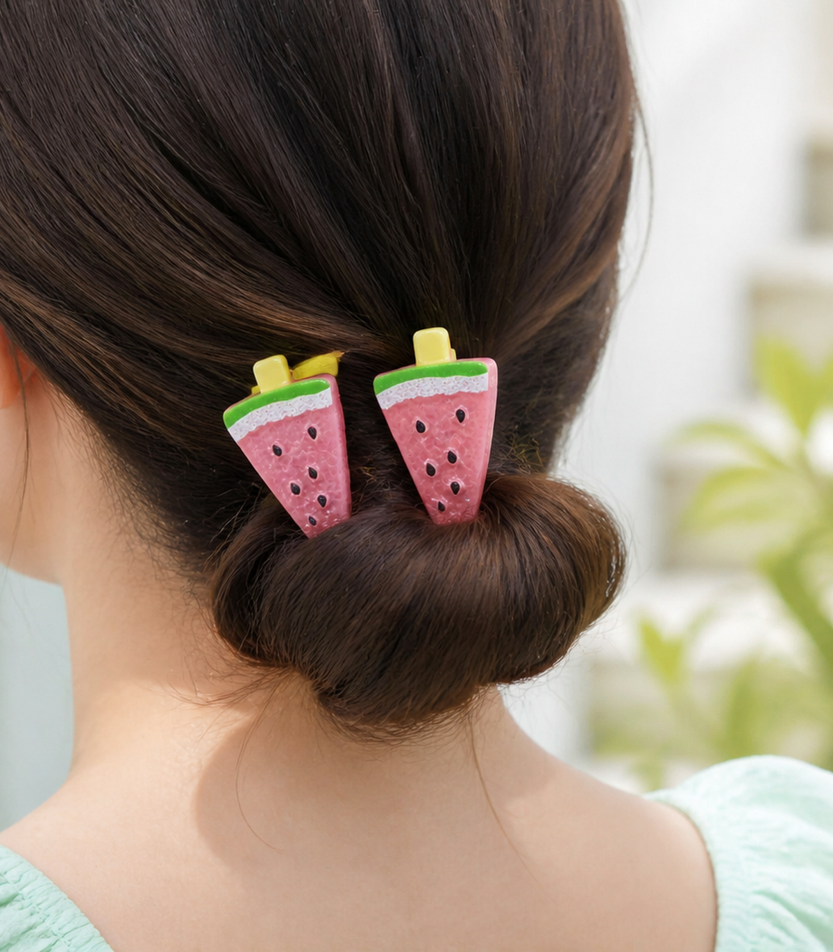 Pink Watermelon Barrette Pair styled editorial view