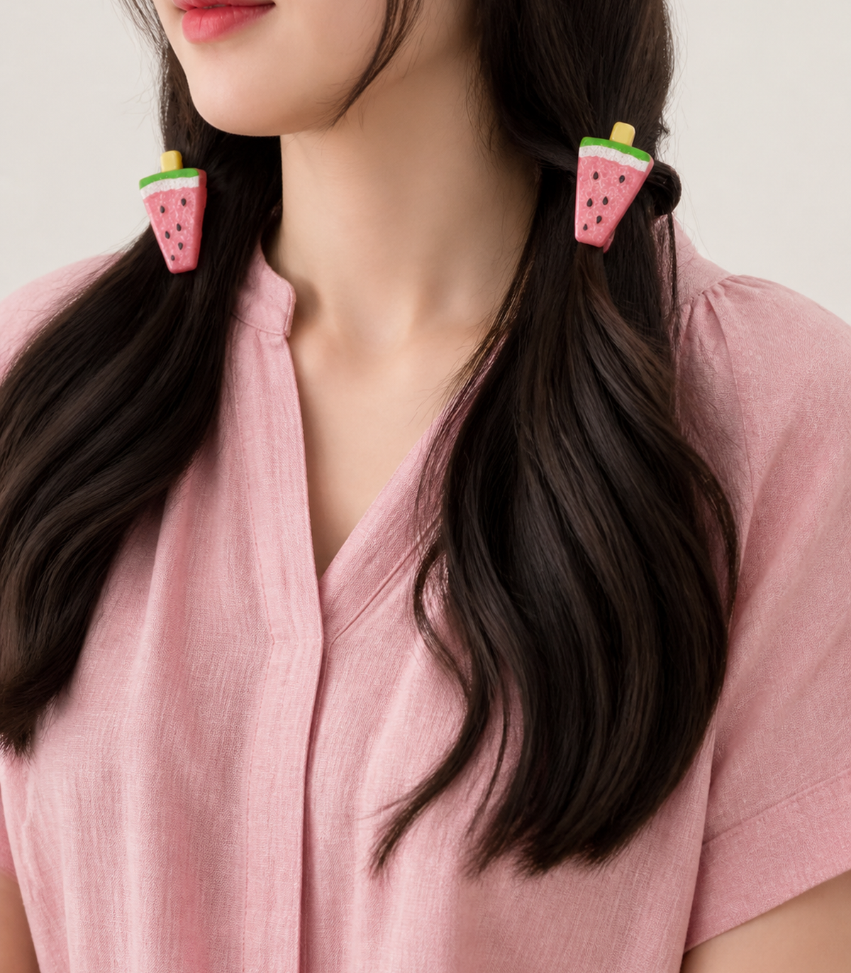 Pink Watermelon Barrette Pair worn in hair