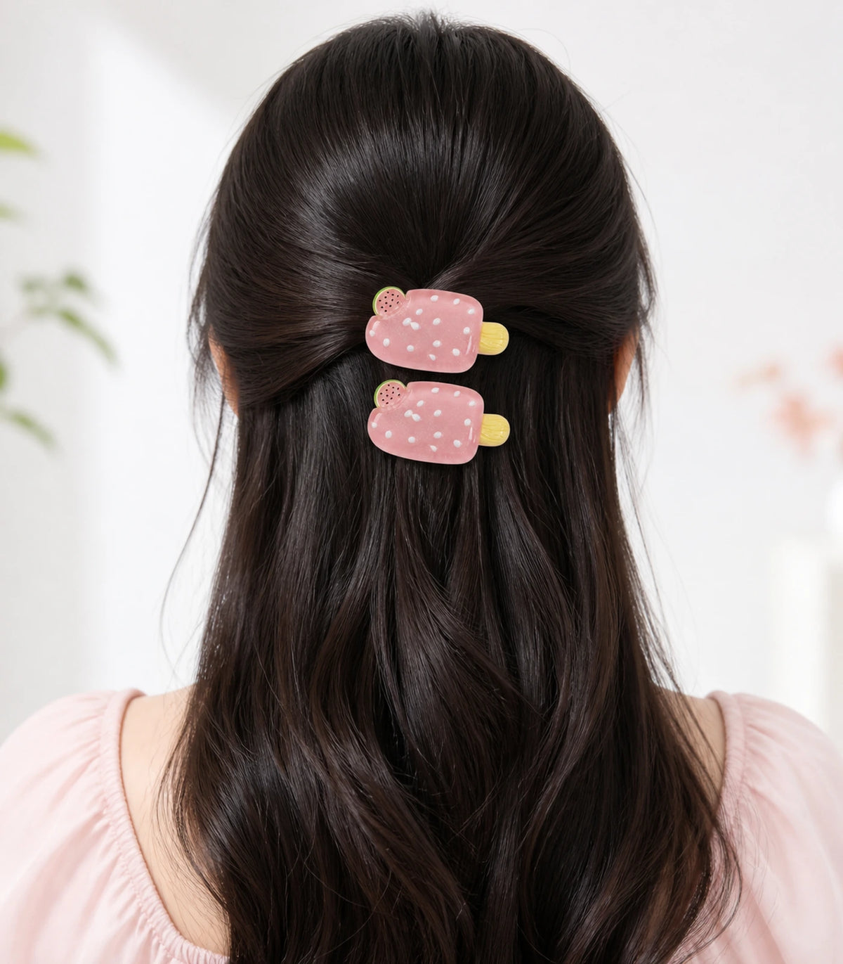 Model wearing the Pink Watermelon Popsicle Clip Pair