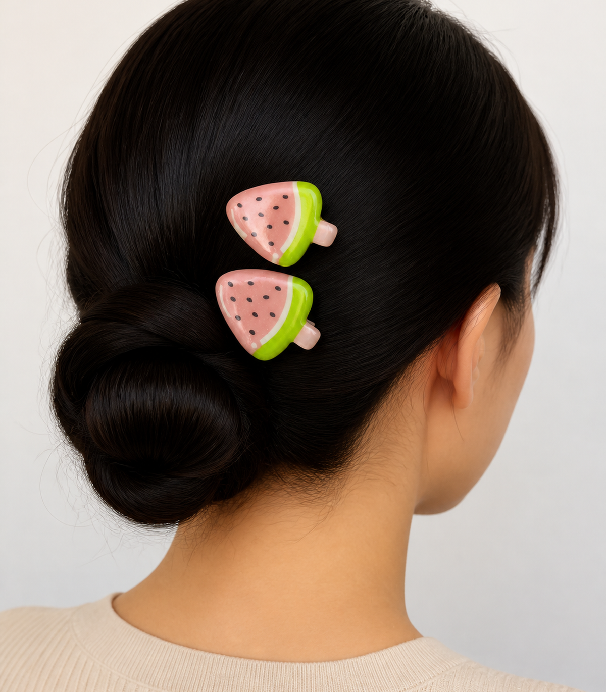 Pink Watermelon Wedge Barrette Pair editorial flat lay
