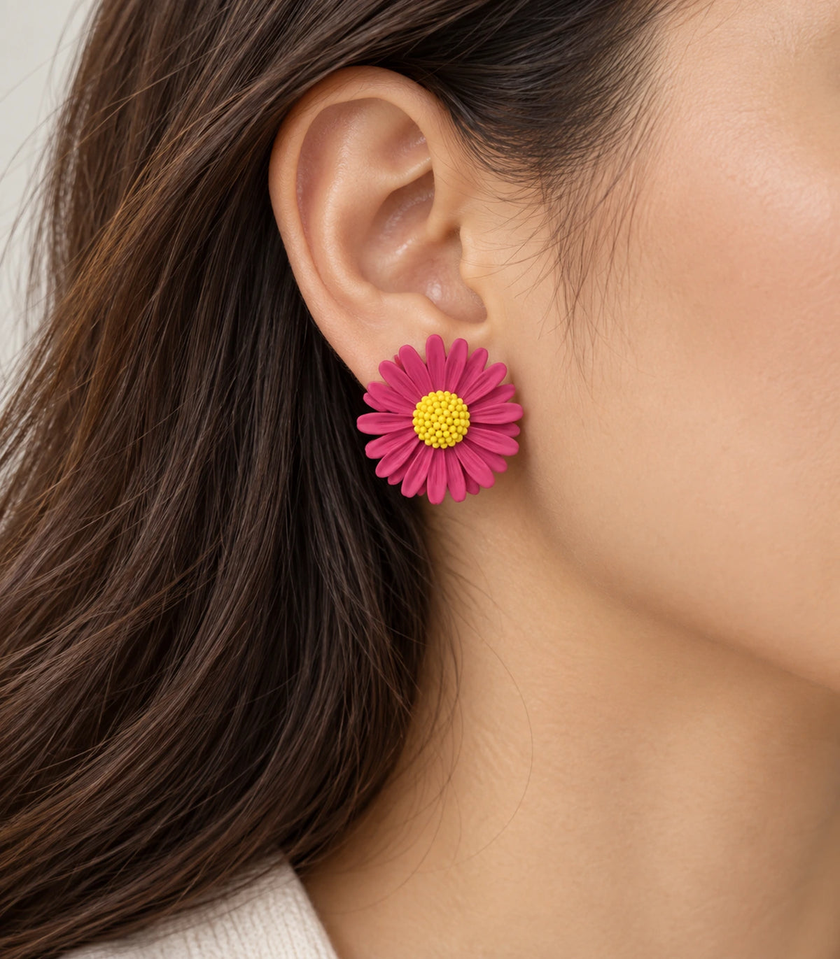 JIMIKI Pink yellow centre daisy stud earrings, stud worn on the ear #color_pink