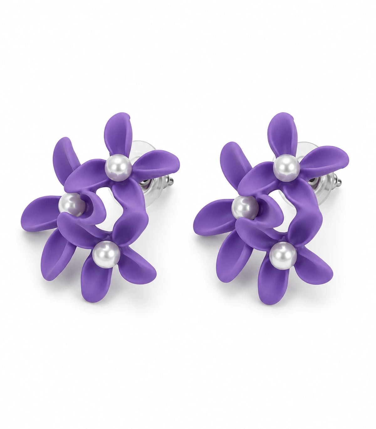 JIMIKI Purple cascading floral cluster stud earrings, matching pair on a white background #color_purple