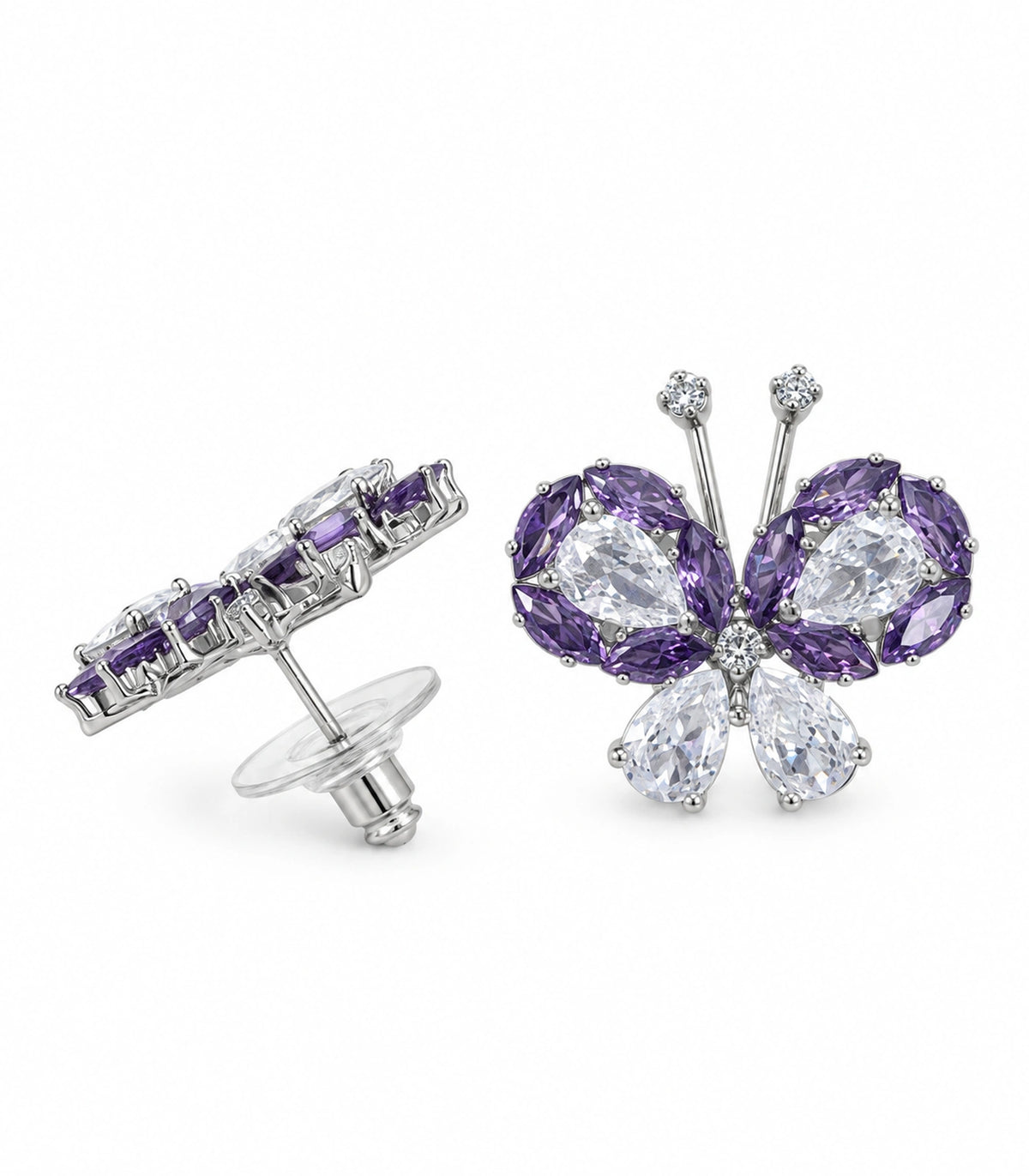 JIMIKI Crystal Butterfly Stud Earring Pair in Purple / silver tone, white background product view #color_purple / silver tone