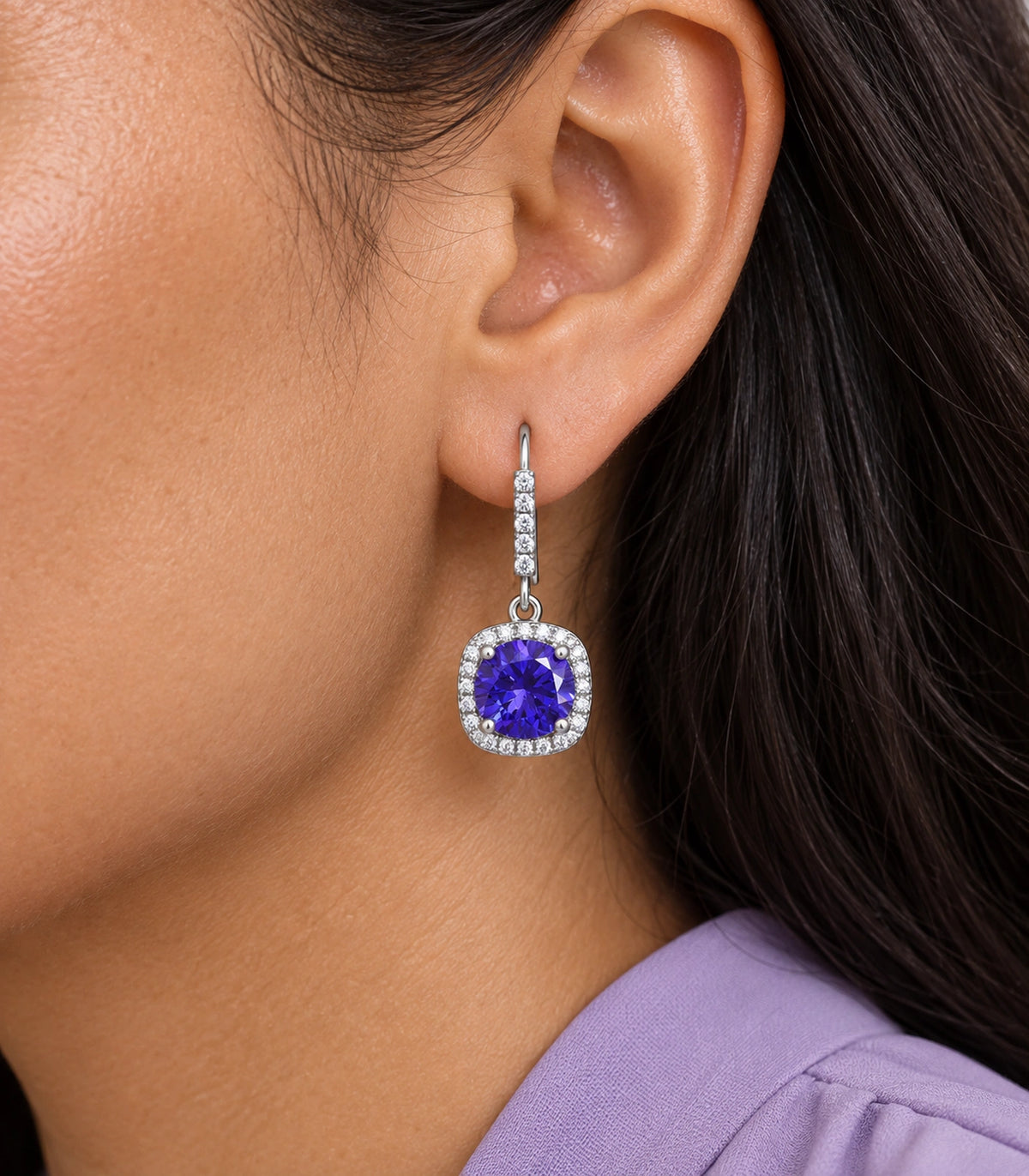 JIMIKI Crystal Cushion Halo Hook Earring Pair in Purple / silver tone, close-up detail #color_purple / silver tone
