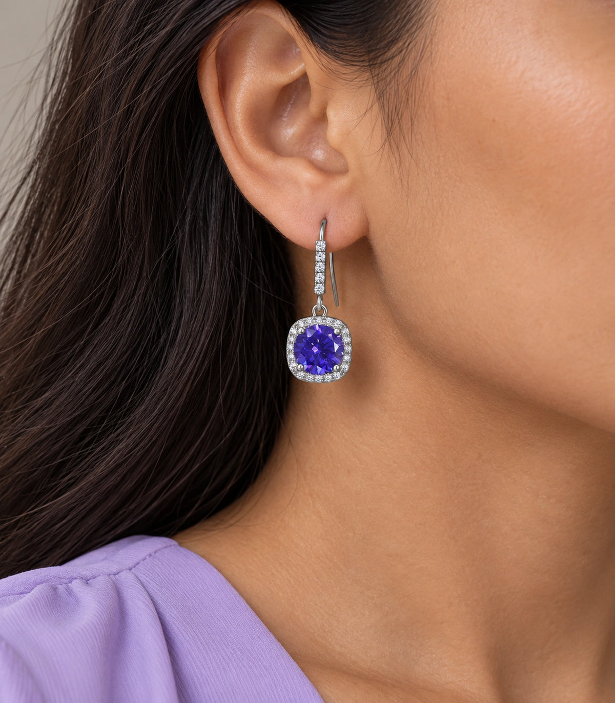 JIMIKI Crystal Cushion Halo Hook Earring Pair in Purple / silver tone, model wearing view #color_purple / silver tone