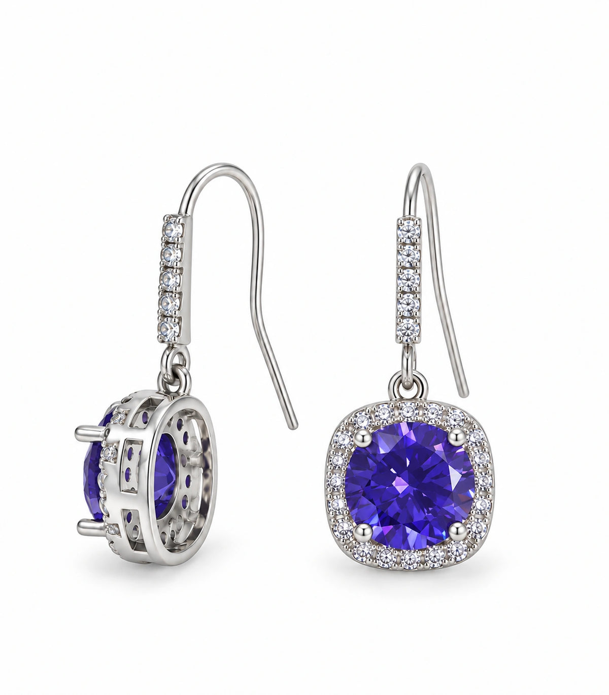 JIMIKI Crystal Cushion Halo Hook Earring Pair in Purple / silver tone, white background product view #color_purple / silver tone