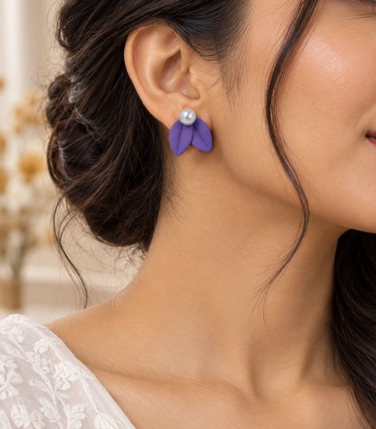 JIMIKI Double Leaf Pearl Stud Earrings in Purple — earrings styled with an outfit #color_purple