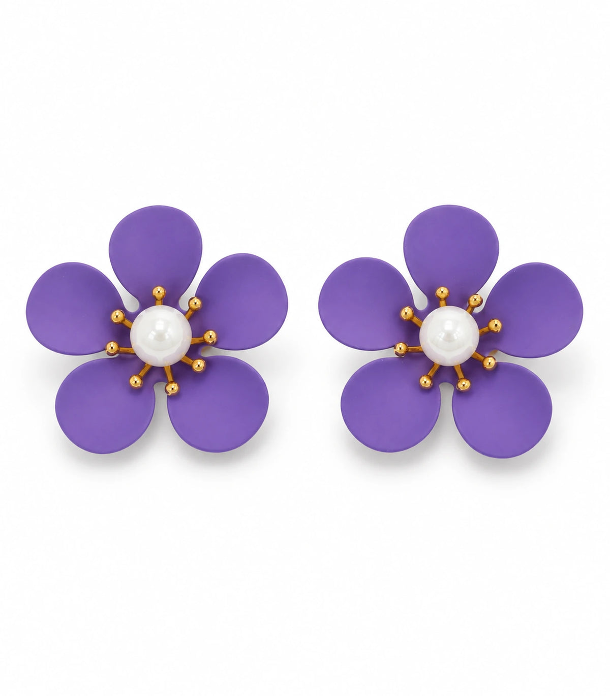 JIMIKI purple five-petal flower stud earrings with pearl-effect centre, matching flower stud pair on white #color_purple