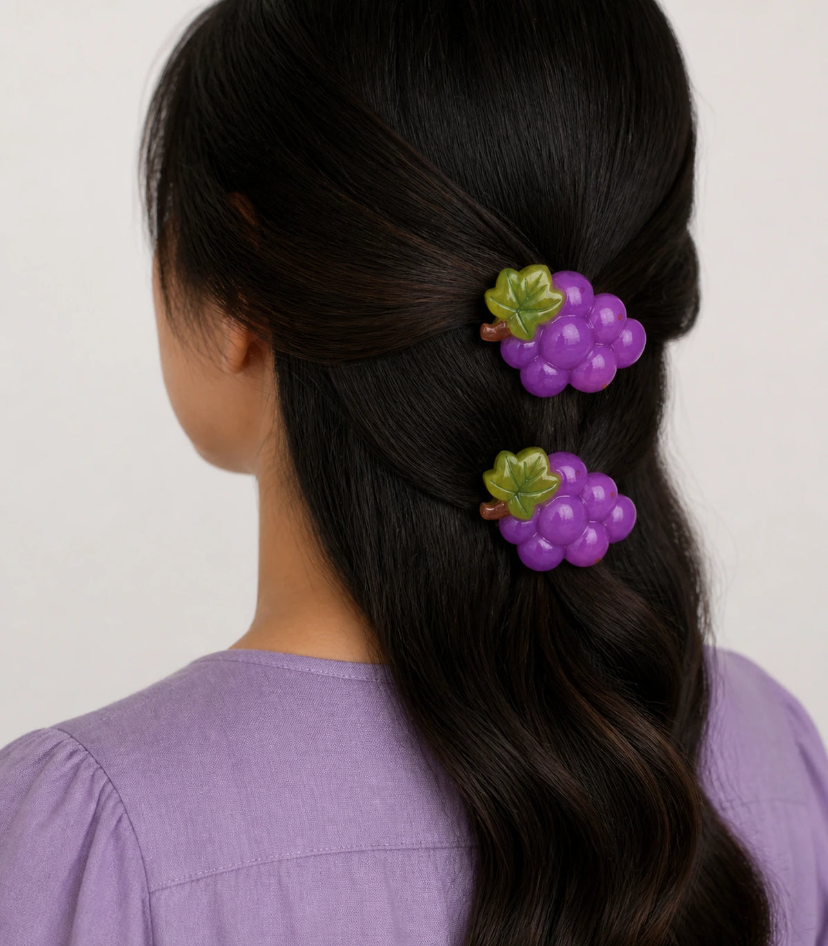 Editorial model view of the Purple Grape Cluster Clip Pair