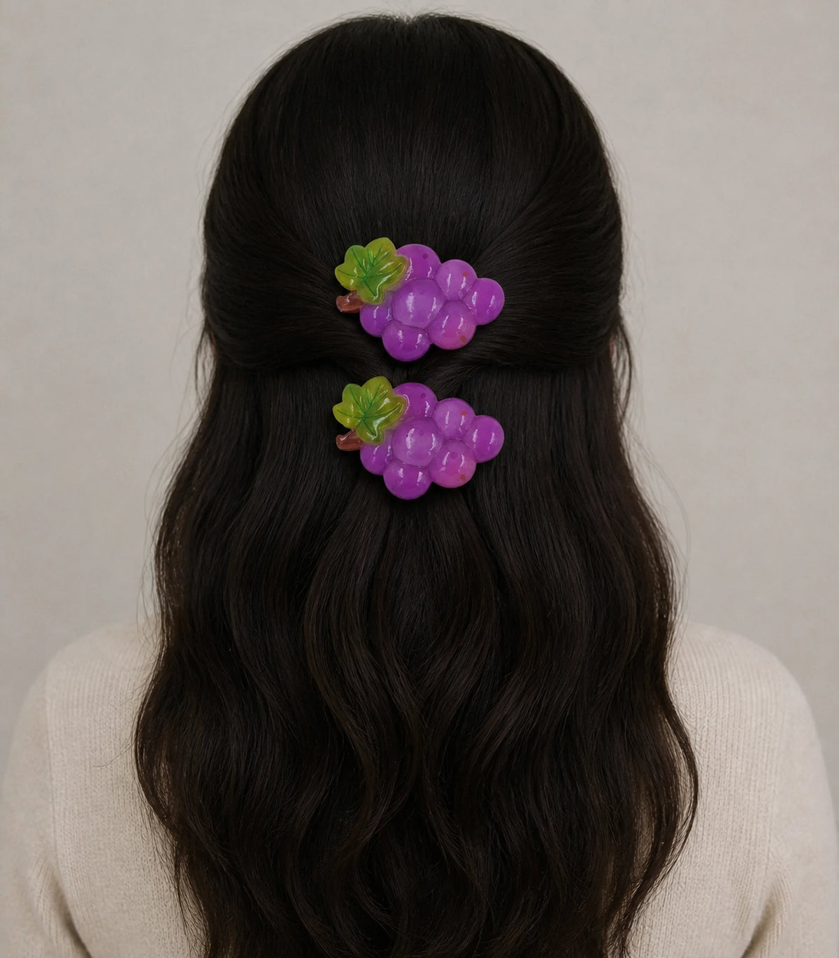 Model wearing the Purple Grape Cluster Clip Pair