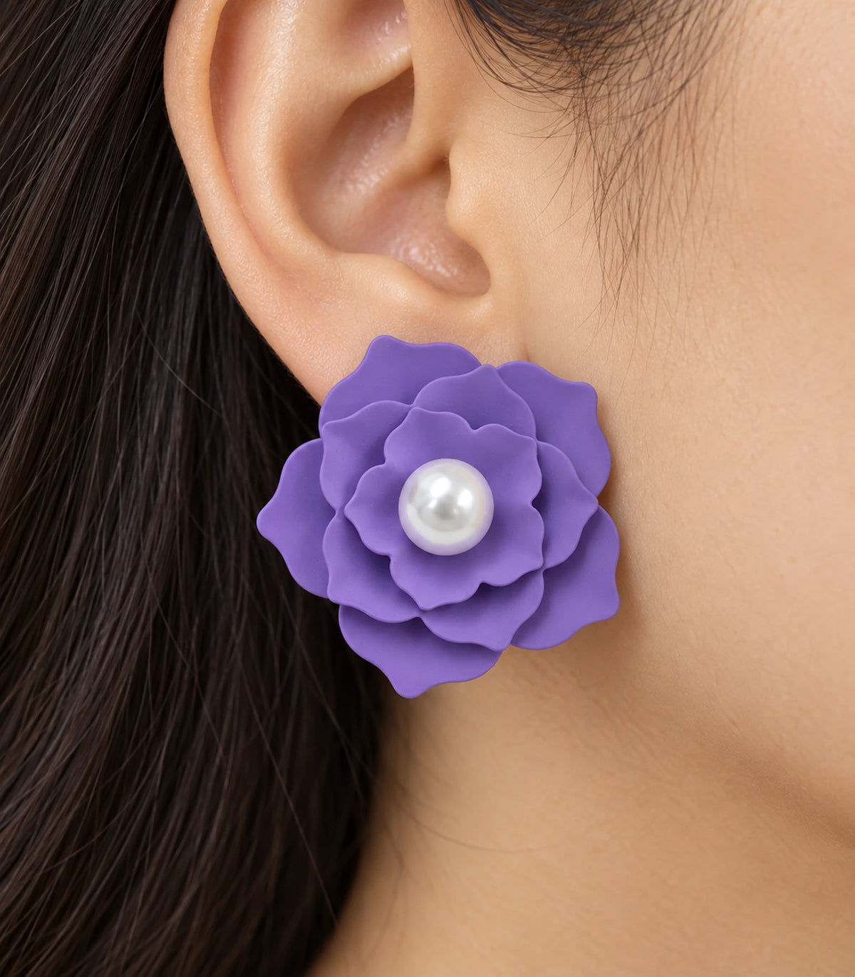 JIMIKI Layered Flower Pearl Stud Earrings, Purple — worn close-up showing petal detail #color_purple