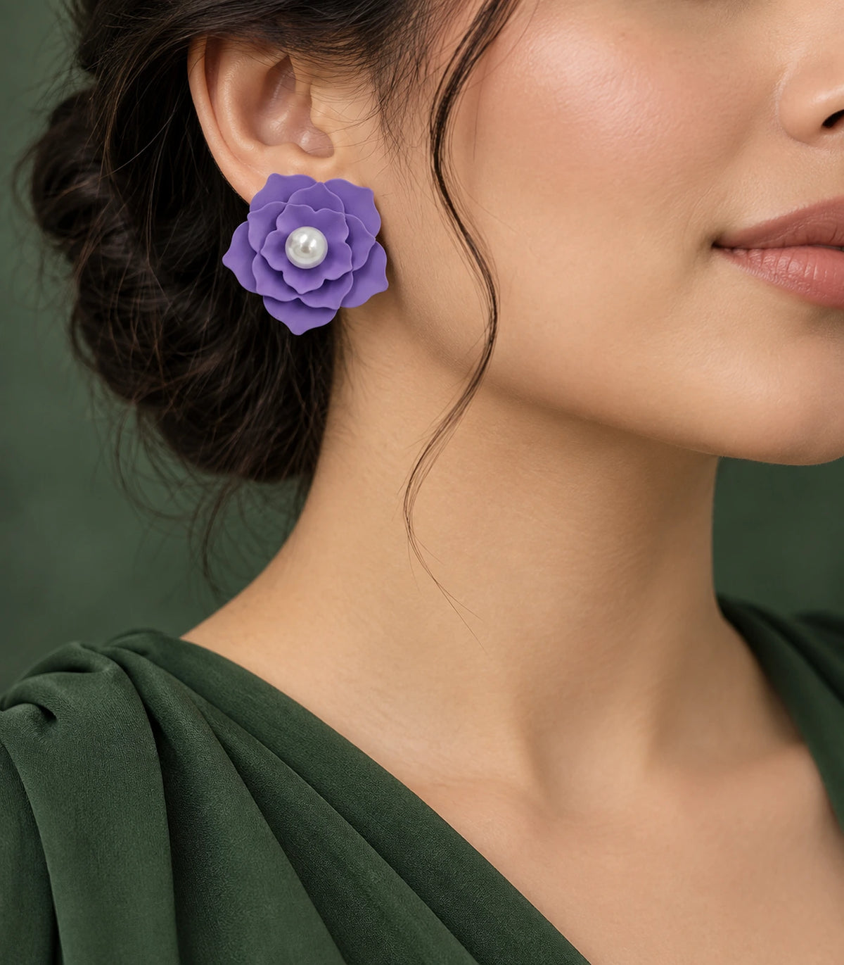 JIMIKI Layered Flower Pearl Stud Earrings, Purple — earrings styled with an outfit #color_purple