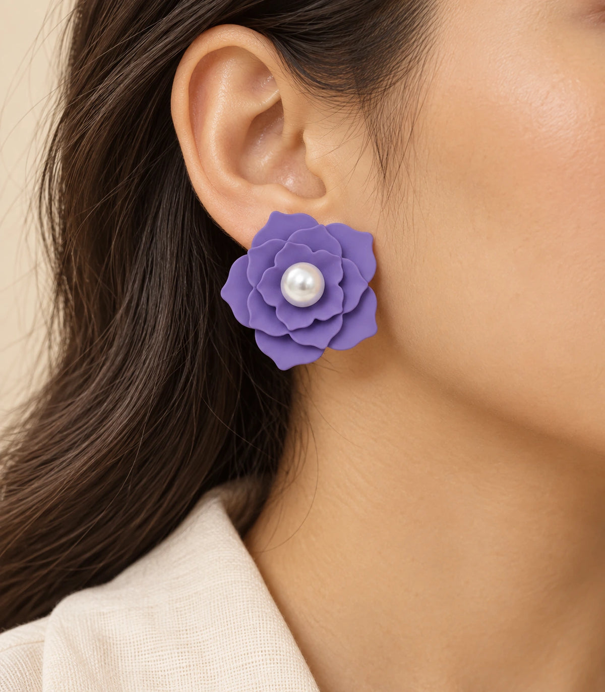 JIMIKI Layered Flower Pearl Stud Earrings, Purple — worn on the ear #color_purple