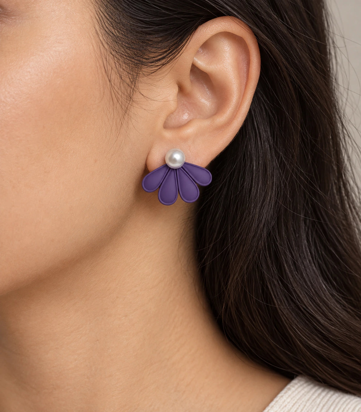 JIMIKI Purple pearl fan petal stud earrings, naturally worn on the ear #color_purple
