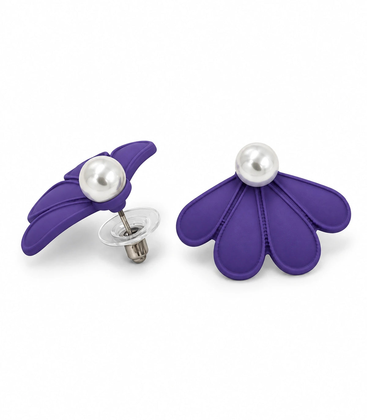 JIMIKI Purple pearl fan petal stud earrings, pair on a white background #color_purple