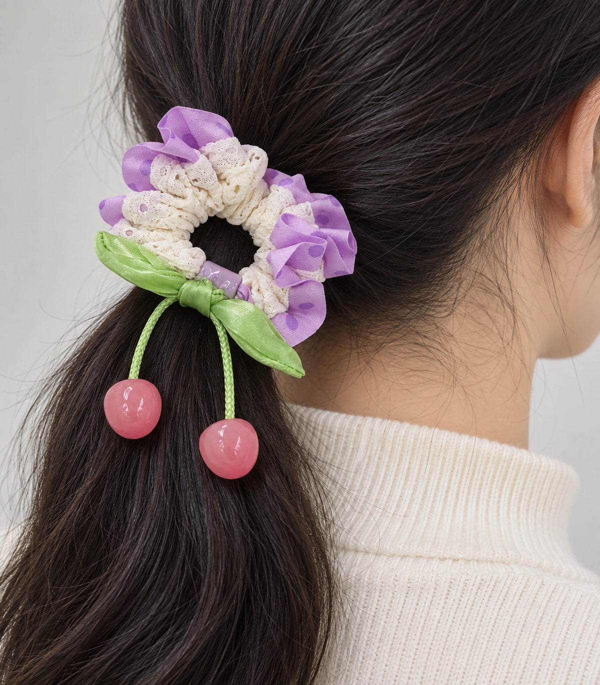 JIMIKI Polka Dot Lace Scrunchie With Cherry Charms in Purple, close-up detail #color_purple