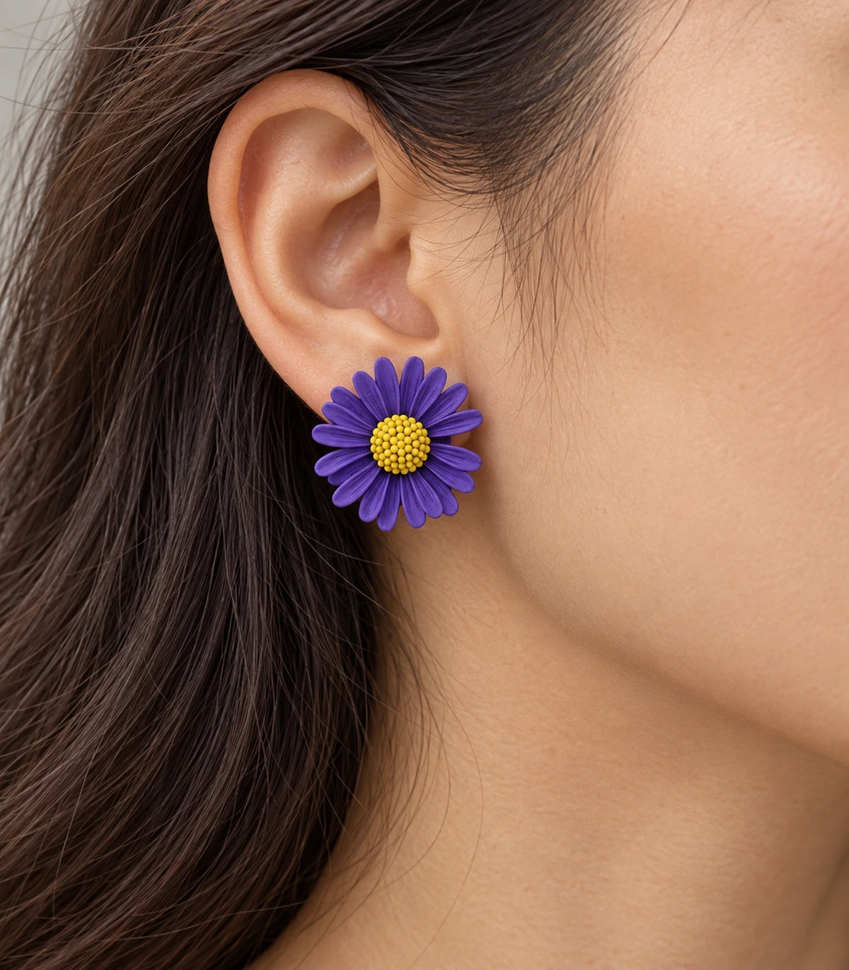 JIMIKI Purple yellow centre daisy stud earrings, stud worn on the ear #color_purple