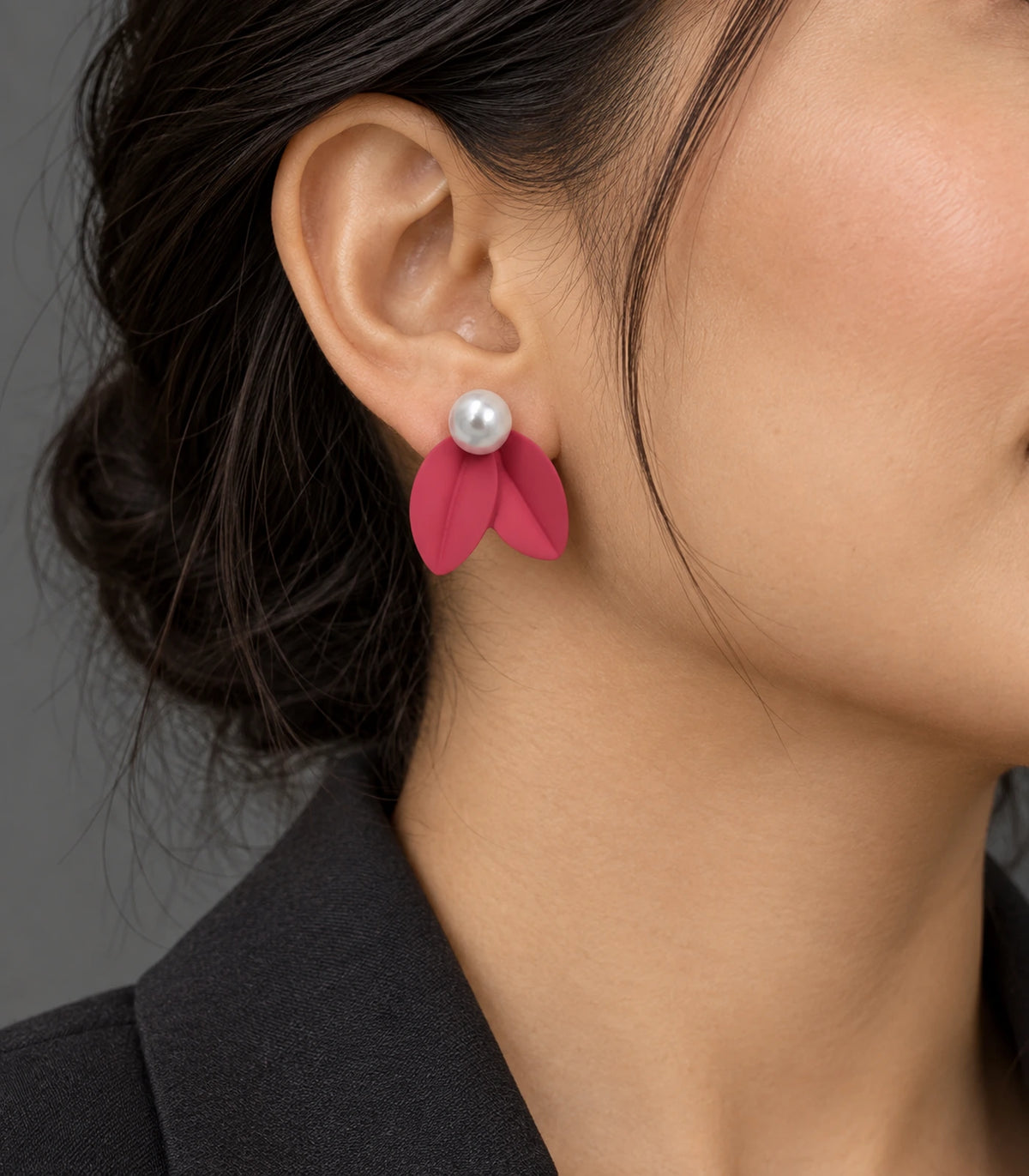 JIMIKI Double Leaf Pearl Stud Earrings in Raspberry Pink — earrings worn on the ear #color_raspberry pink
