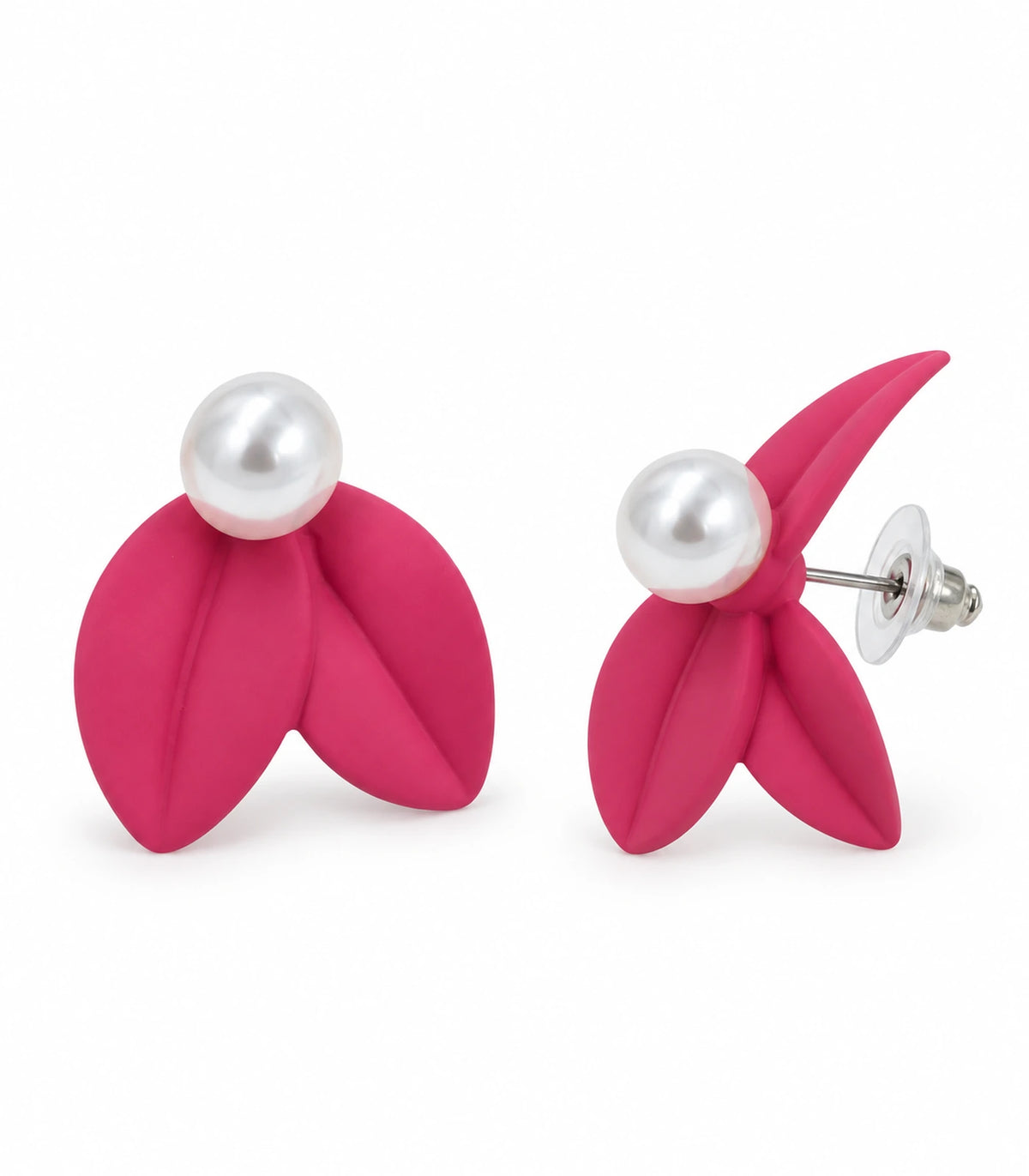 JIMIKI Double Leaf Pearl Stud Earrings in Raspberry Pink — pair on white background #color_raspberry pink