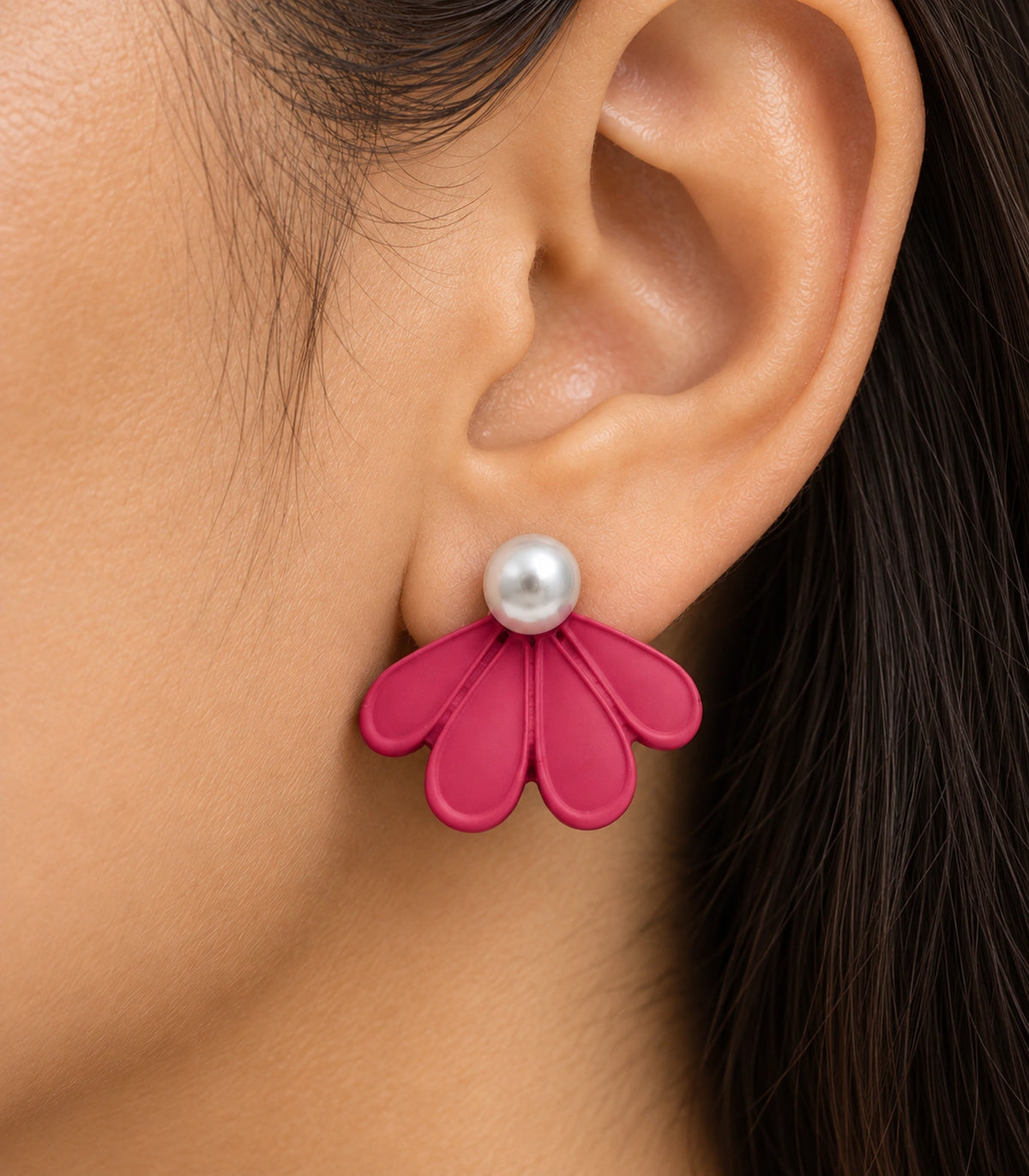 JIMIKI Raspberry Pink pearl fan petal stud earrings, worn closeup of four petals and pearl-style bead #color_raspberry pink
